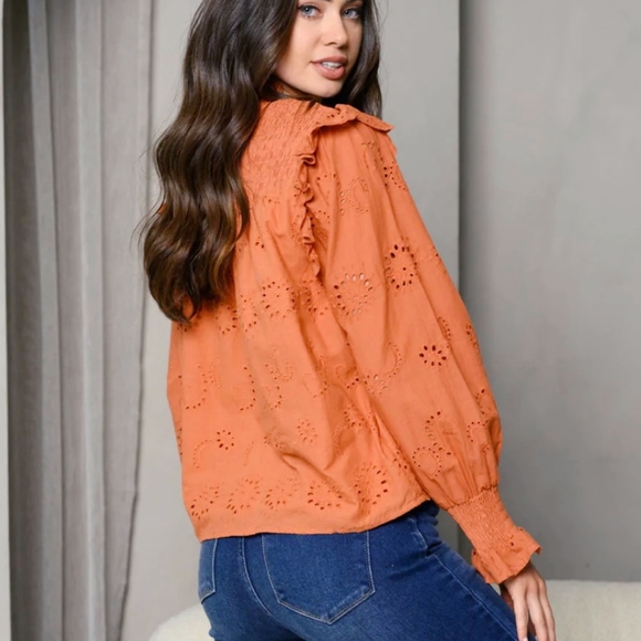FEW LEFT❗️On Twelfth Boho Chic Spicy Rust Eyelet Embroidery Long Sleeves Top - Picture 5 of 6